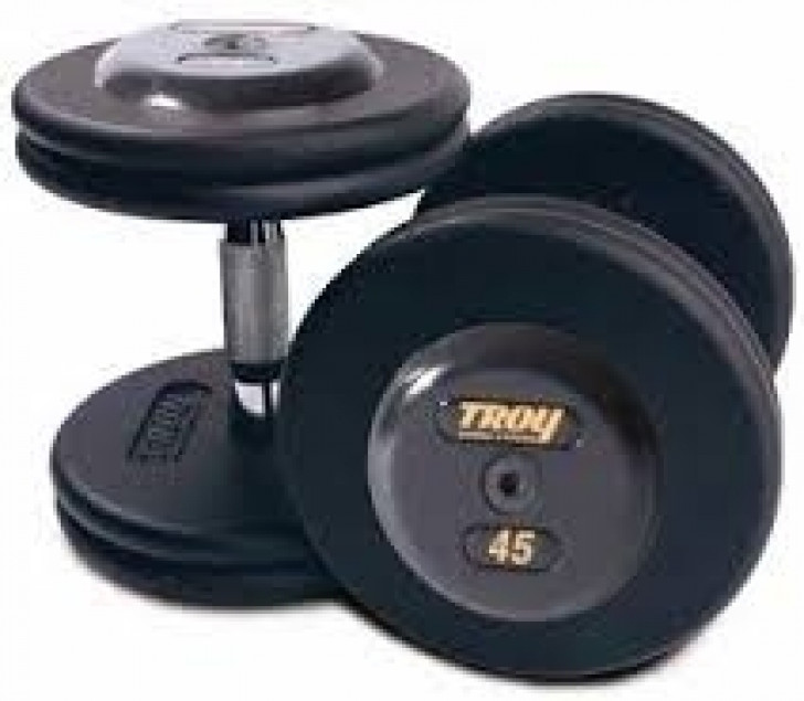 Picture of Troy 100 lb. fixed pro-style dumbbells, contoured handle, black plate, chrome end cap