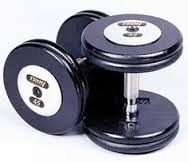 Picture of Troy 105-150 lbs Set (10 pr.) 5 lb. increments fixed pro-style dumbbells, straight handle, black plate, chrome end cap