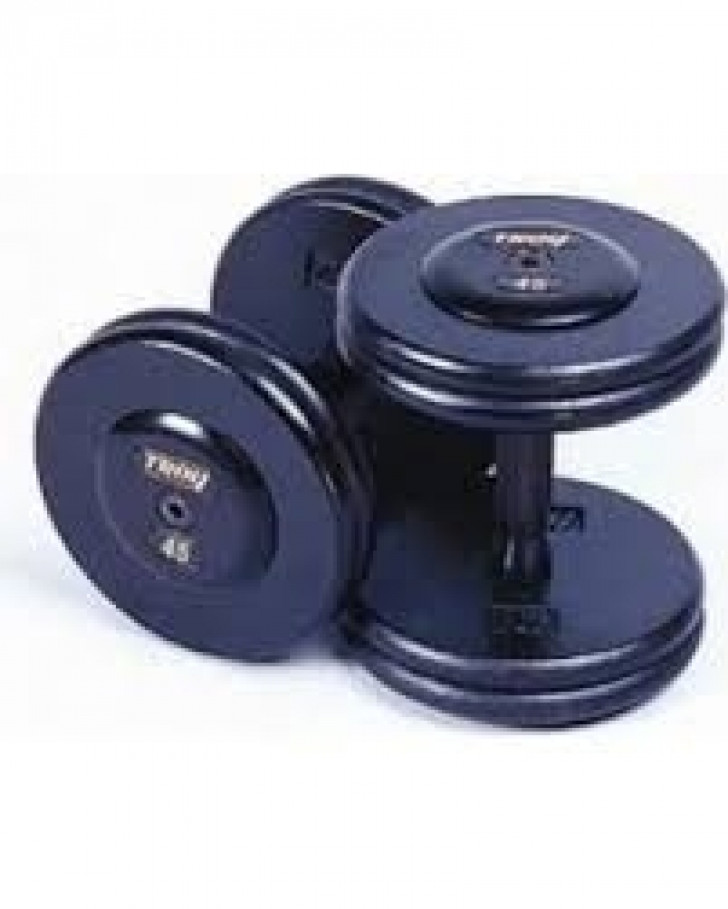 Picture of Troy 105-150 lbs Set (10 pr.) 5 lb. increments fixed pro-style dumbbells, straight handle, black plate, rubber end cap