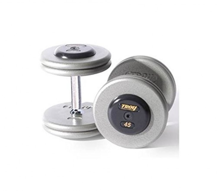 Picture of Troy 105 lb. fixed pro-style dumbbells, contour handle, hammertone grey plate, rubber end cap