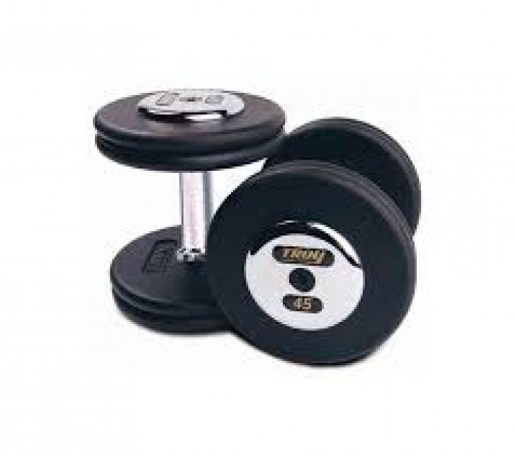 Picture of Troy 105 lb. fixed pro-style dumbbells, contoured handle, black plate, chrome end cap