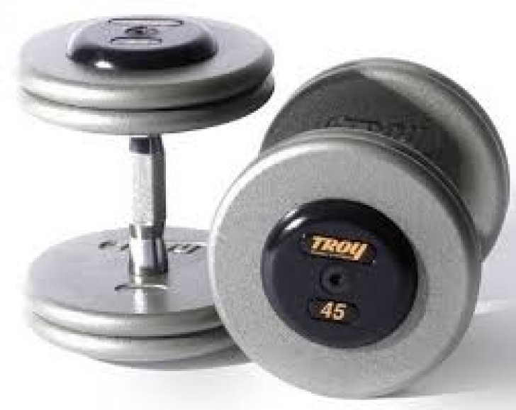 Picture of Troy 115 lb. fixed pro-style dumbbells, contour handle, hammertone grey plate, rubber end cap