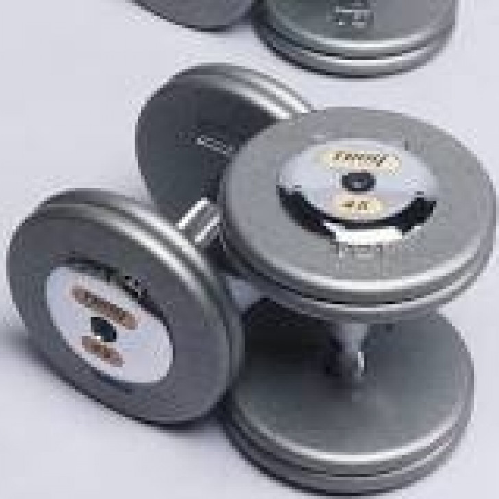 Picture of Troy 115 lb. fixed pro-style dumbbells, straight handle, hammertone grey plate, chrome end cap