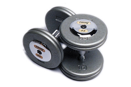 Troy 120 lb. fixed pro-style dumbbells, contour handle, hammertone grey plate, rubber end cap