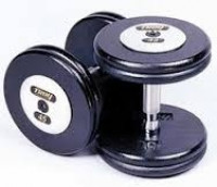 Troy 105-150 lbs Set (10 pr.) 5 lb. increments fixed pro-style dumbbells, straight handle, black plate, chrome end cap