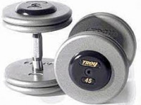 Troy 105-150 lbs Set (10 pr.) 5 lb. increments fixed pro-style dumbbells, straight handle, hammer tone grey plate, chrome end cap
